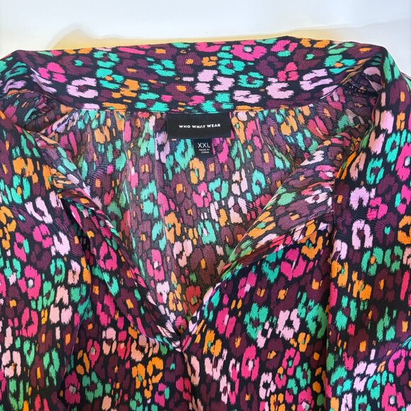 Who What Wear Womens Tie Neck Balloon Sleeve Top XXL Green Pink Abstract Floral - Picture 2 of 10